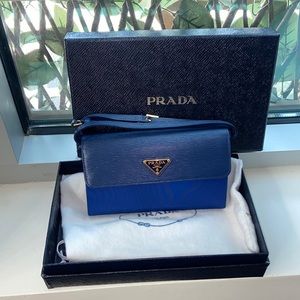 PRADA Blue Leather and Nylon Flap Wallet on Strap Bag w/ brass gold chain